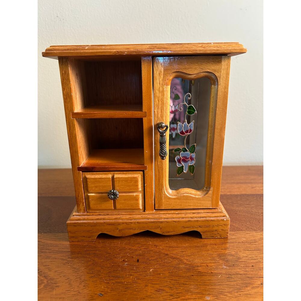 Vintage Wooden Jewelry Armoire with Floral Stained Glass Door